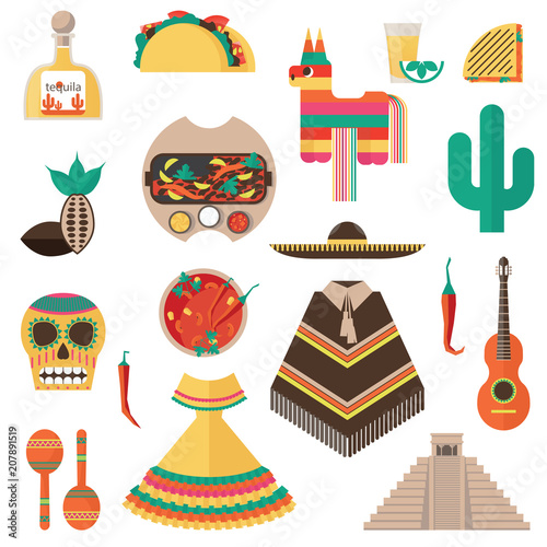 Vector flat set with mexican theme - tequila shot and bottle, guitar, pinata, ethnic clothes as poncho and sombrero