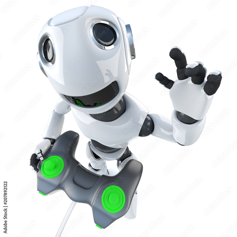 3d Funny cartoon robot character playing a video game with a joystick  controller ilustración de Stock | Adobe Stock