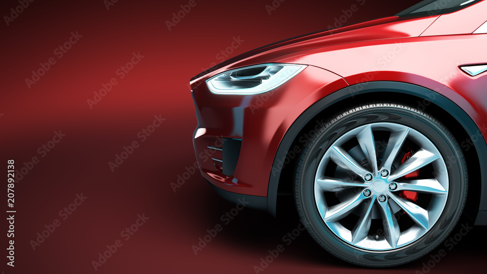 Naklejka przód czerwony samochód widok z boku renderowania 3d na czerwony gradient