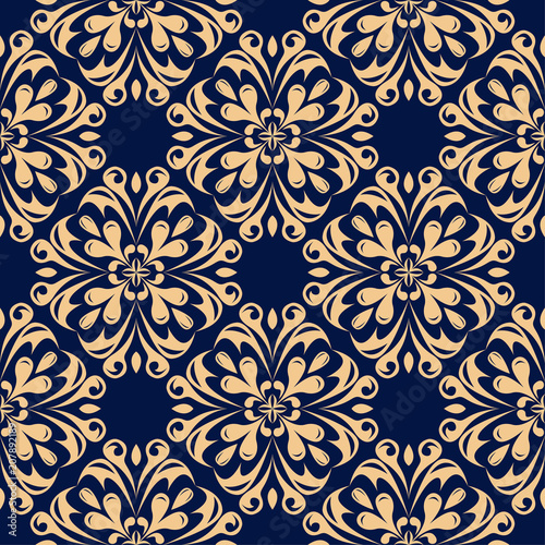 Golden floral seamless design on blue background