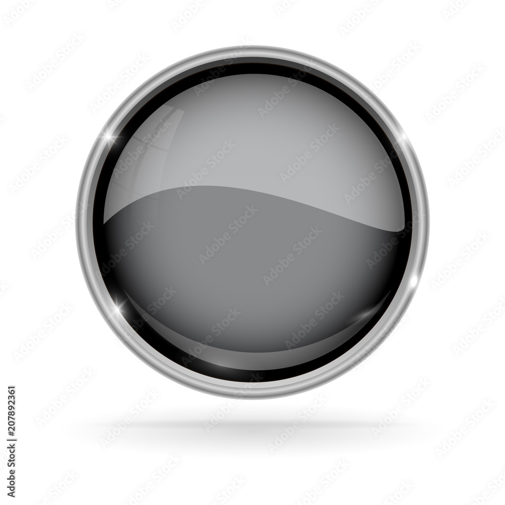 Black button with chrome frame. Round glass shiny 3d icon Black button with chrome frame. Round glass shiny 3d icon