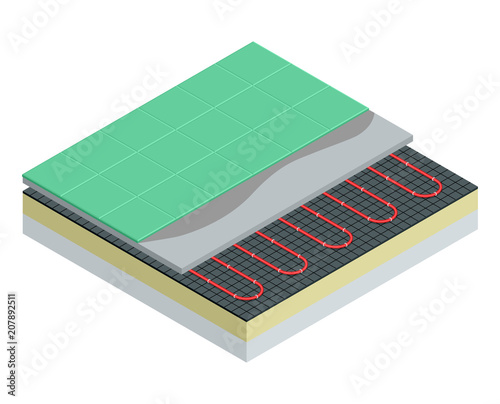 Isometric layers of floor heating system partly under ceramic tiles. Underfloor heating vector illustration.