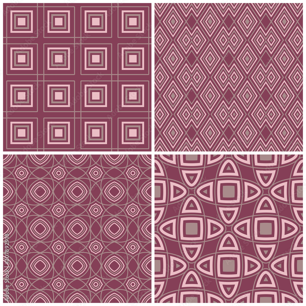 Set of violet seamless backgrounds with geometric patterns