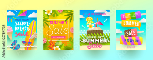 Set of summer sale promotion banners. Vacation, holidays and travel colorful bright background. Poster or flyer design. Vector illustration.