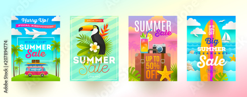 Set of summer sale promotion banners. Vacation, holidays and travel colorful bright background. Poster or flyer design. Vector illustration.