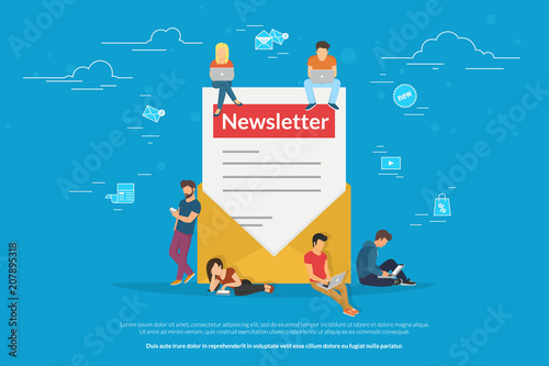 Envelope with a newsleter concept vector illustration of young man and woman receiving commercial letters and promotion offers on laptop, digital tablets and smart phones. Flat newsletter subscribers