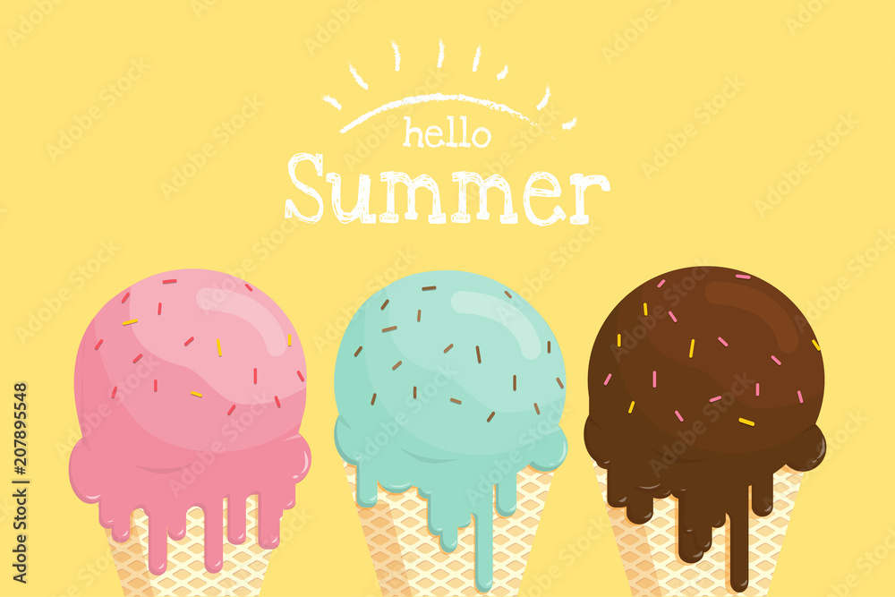 Melting ice cream in waffle cone hello summer banner. Stock Vector ...
