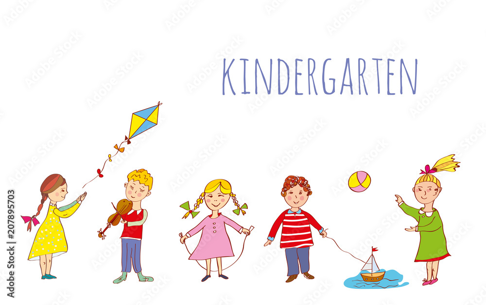Kindergarten banner with kids playing outdoor, sketchy style. Vector graphic illustration Kindergarten banner with kids playing outdoor, sketchy style. Vector graphic illustration