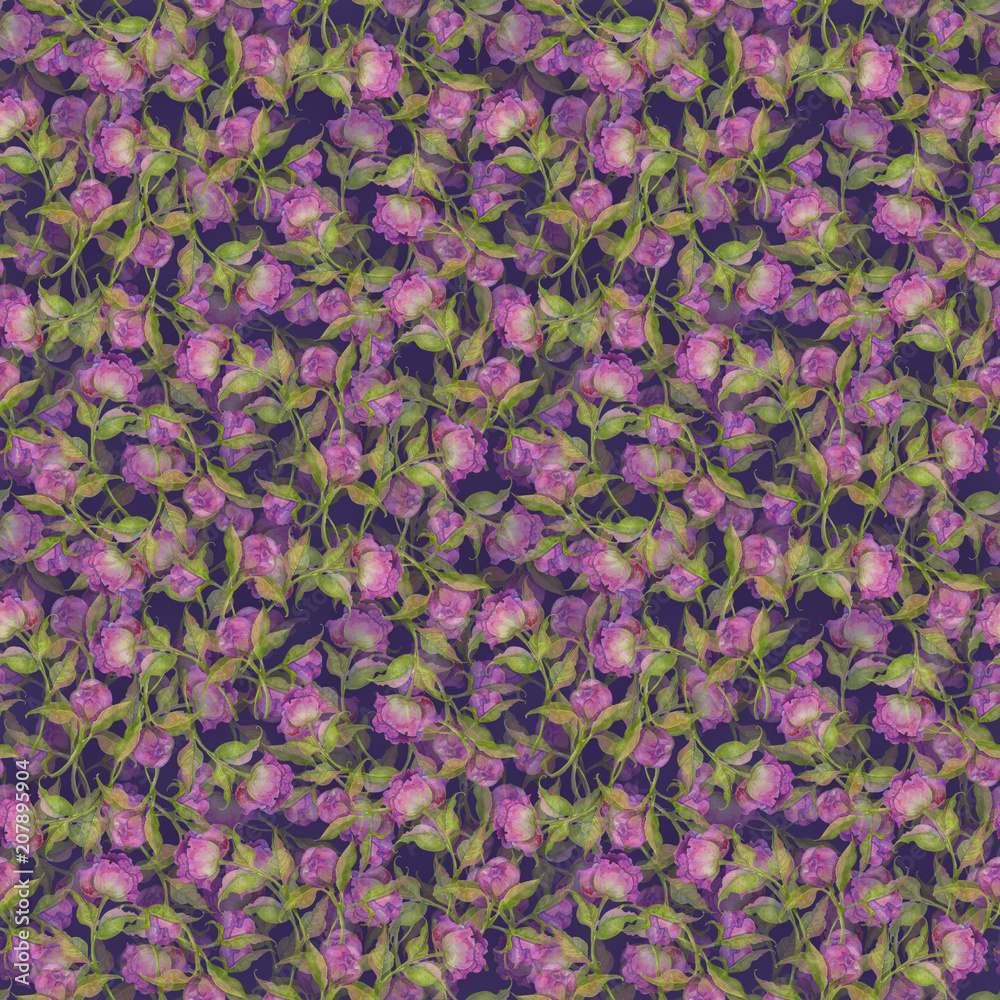 Obraz premium seamless pattern watercolor illustration, pink peonies, buds with leaves on a purple background.