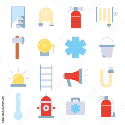 Firefighter, Fire department and emergency colorful icon set