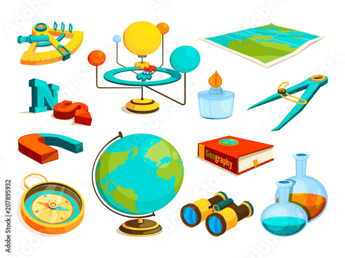 Obraz na plátně Vector colored pictures of science and geography symbols