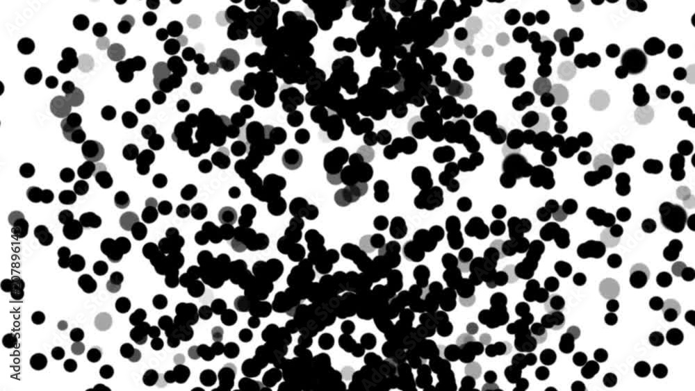 Black particles on white background fill the screen and turn into a black backdrop, 3D animation. Black particles on white background fill the screen and turn into a black backdrop, 3D animation.