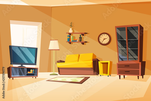 Vector illustrations of living room interior with different furniture items