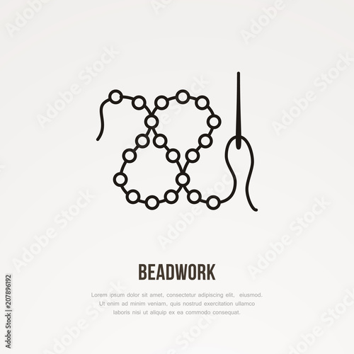Beadwork workshop flat line icon. Beads with needle sign. Thin linear logo for sewing store.