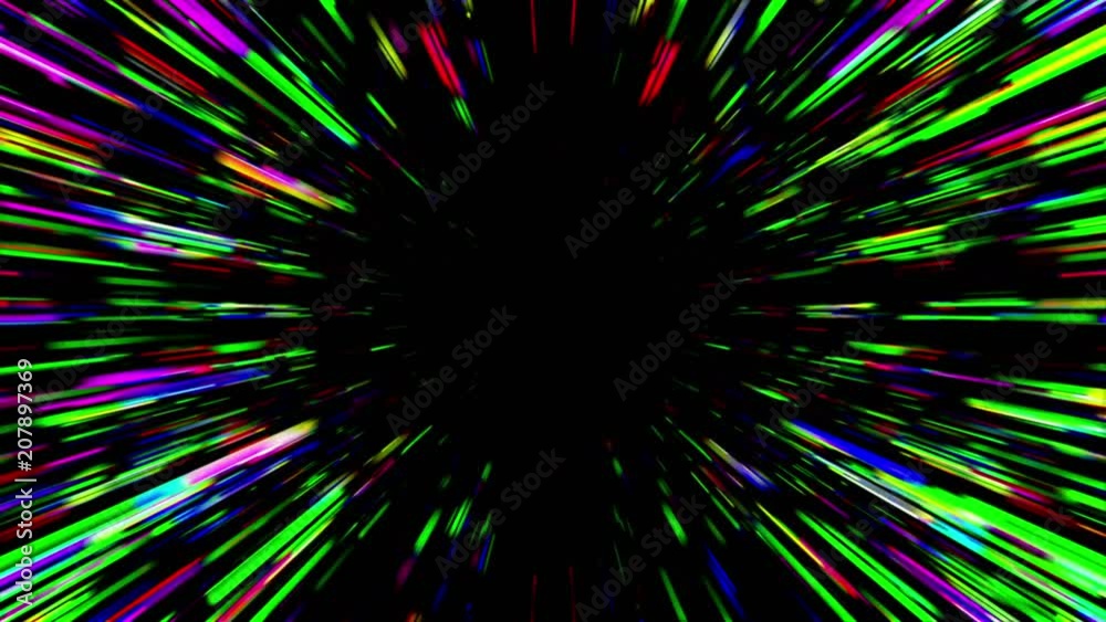 Abstract multicolored hyperspace tunnel on black background. 3D animation, seamless loop.