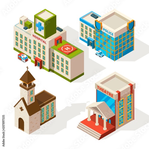 Isometric pictures of municipal buildings. Vector 3d architecture isolate on white