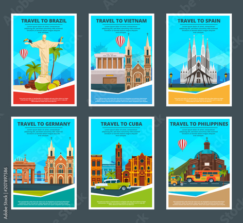 Design template of various travel cards with illustrations of famous landmarks