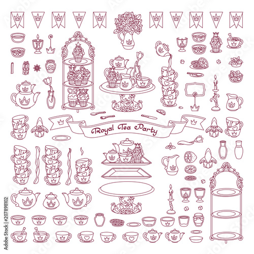vector Royal tea party trendy flat clipart. Cute tasty breakfast set. Fun festive wedding rich dishes elements. Ceramic tableware. black outline object icon design Line graphics box isolated on white