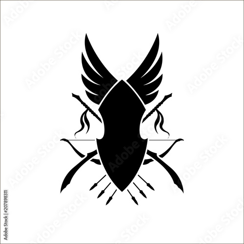 Games heraldic sign of elfs. Medieval coat of elven arms with a bow and spears. Black silhouette. Fantasy icon. Vector illustration