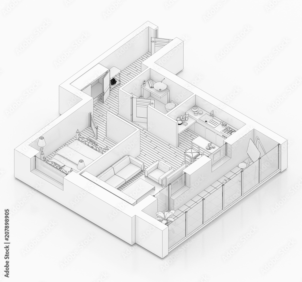 Line drawing floor plan on a white background, Mock up of furnished home apartment