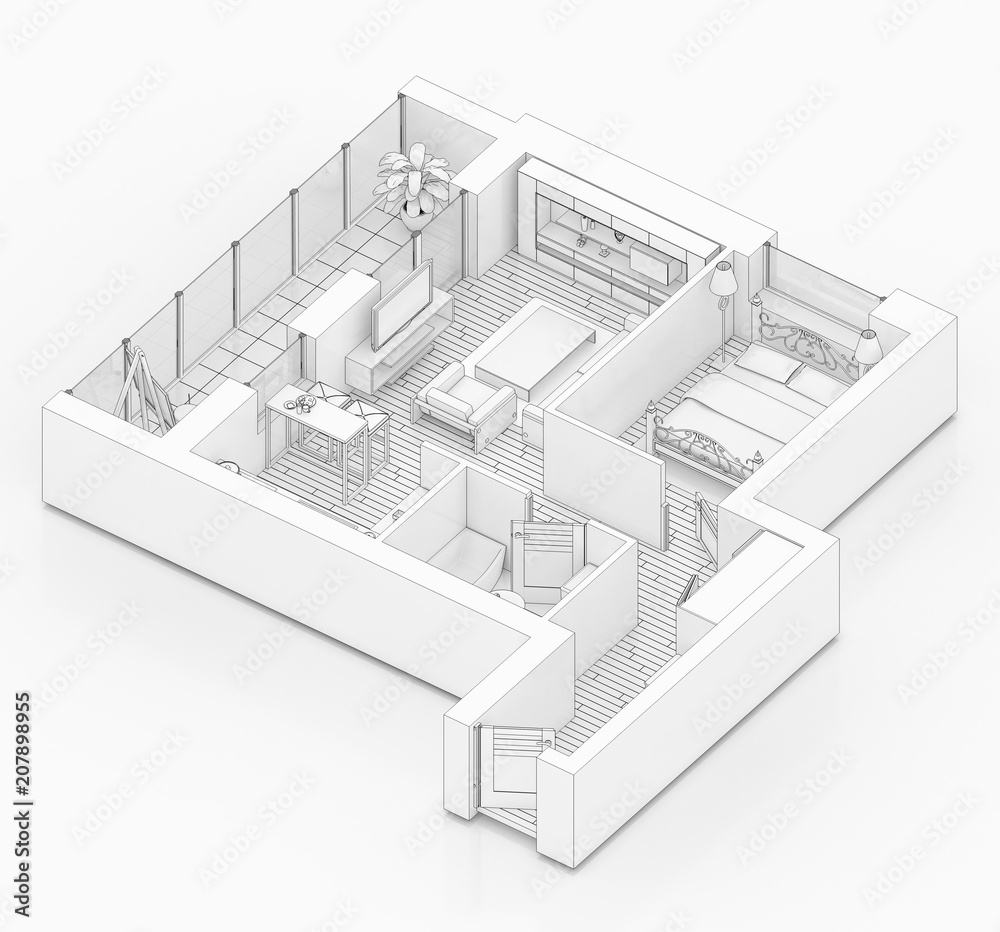 Line drawing floor plan on a white background, Mock up of furnished home apartment Line drawing floor plan on a white background, Mock up of furnished home apartment