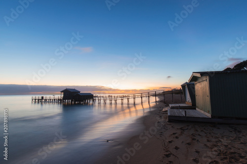 Bathing boxes and pier view. Bathing boxes are popular in Melbourne, Australia