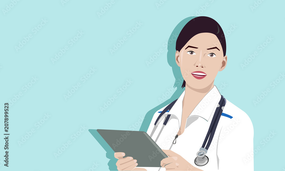 female doctor with stethoscope and tablet. Modern flat realistic design. vector illustration female doctor with stethoscope and tablet. Modern flat realistic design. vector illustration