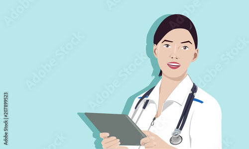 female doctor with stethoscope and tablet. Modern flat realistic design. vector illustration