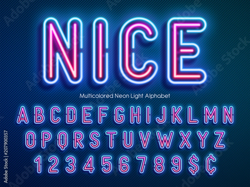 Neon light alphabet, multicolored extra glowing font