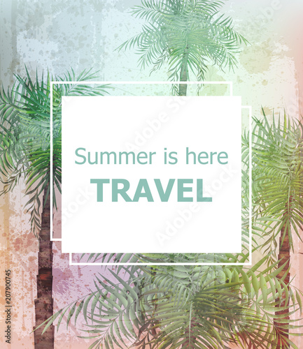 Vintage Summer travel card Vector. Palm trees tropic backgrounds