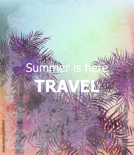 Vintage Summer travel card Vector. Palm trees tropic backgrounds. Ultra viole...