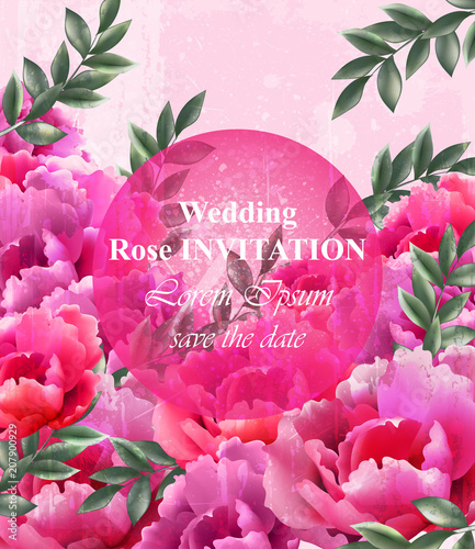 Wedding roses Invitation Vector. Beautiful roses flowers decor. Elegant decor...