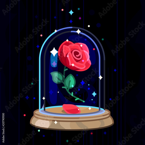 vector Beauty and Beast. Rose in glass dome, flask