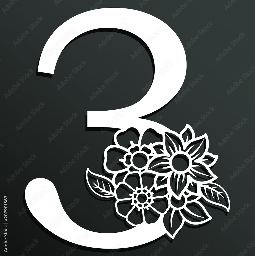 Zahl drei mit Blumen Ornamenten