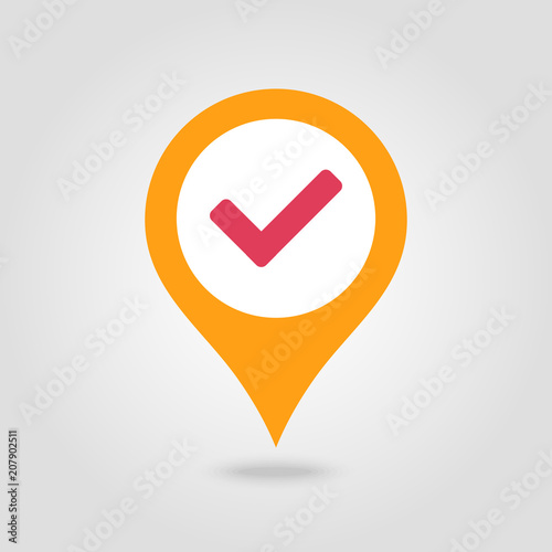 Check pin map icon. Map pointer, markers.