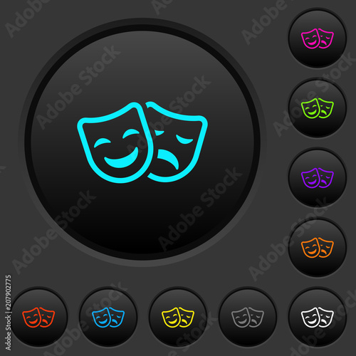 Comedy and tragedy theatrical masks dark push buttons with color icons