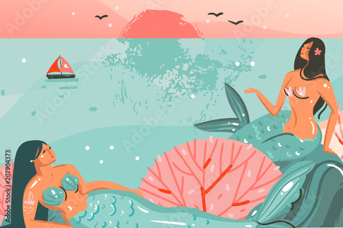 Hand drawn vector abstract cartoon summer time graphic illustrations template background with ocean beach landscape,sunset and beauty girls mermaid isolated on beach scene