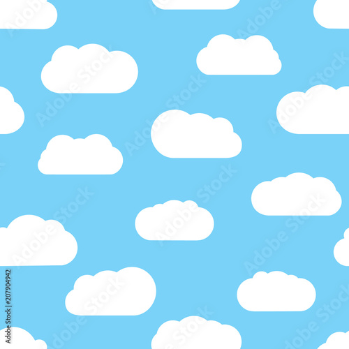Seamless background with blue sky and white cartoon clouds. Vector illustration. 