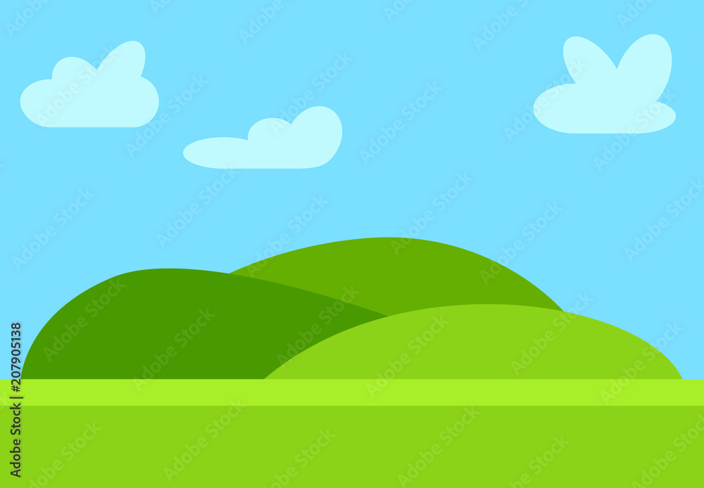 Natural cartoon landscape in the flat style with green hills, blue sky  and clouds at sunny day. Vector illustration
