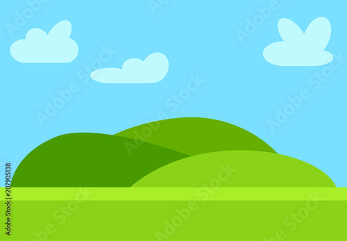 Natural cartoon landscape in the flat style with green hills  blue sky  and clouds at sunny day. Vector illustration  
