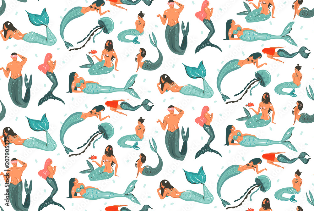 Fototapeta premium Ręcznie rysowane wektor streszczenie kreskówka lato czas ilustracje graficzne bez szwu kolekcja wzór z piękna syrenka podwodne pływanie dziewcząt i chłopców na białym tle