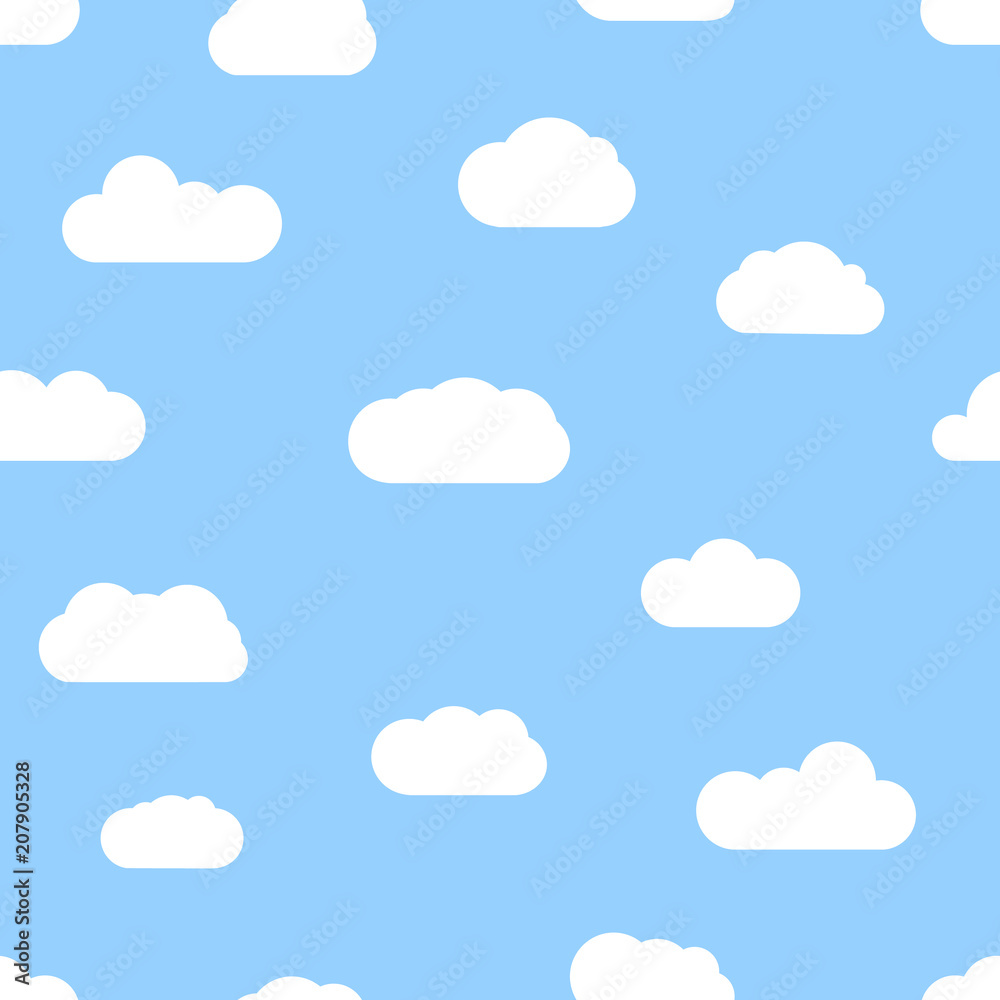 Seamless background with blue sky and white cartoon clouds. Vector illustration.
