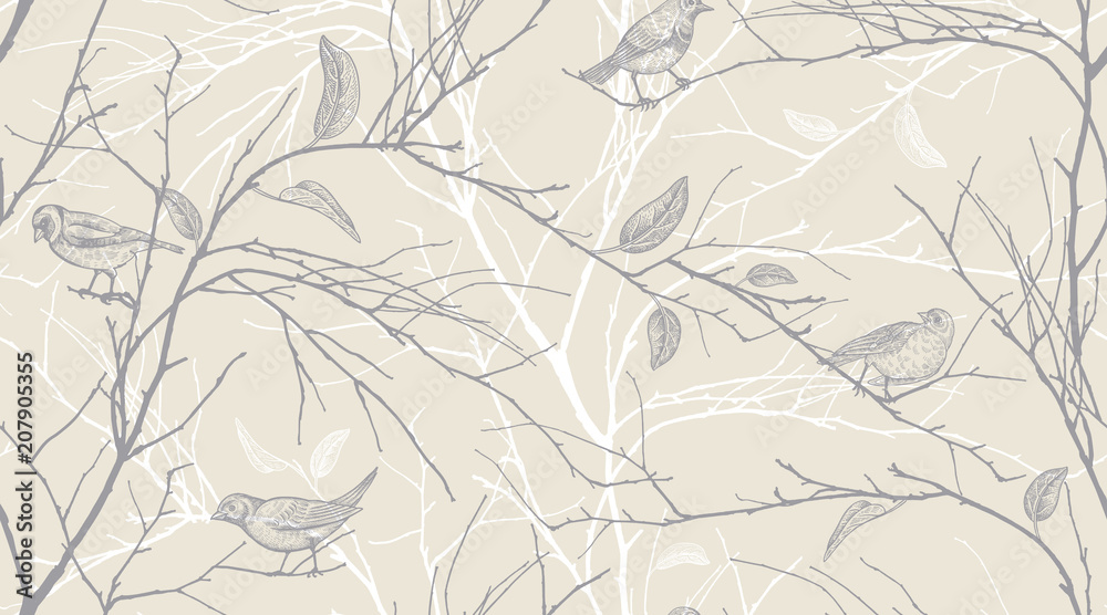 Fototapeta Seamless pattern with forest birds and tree branches.