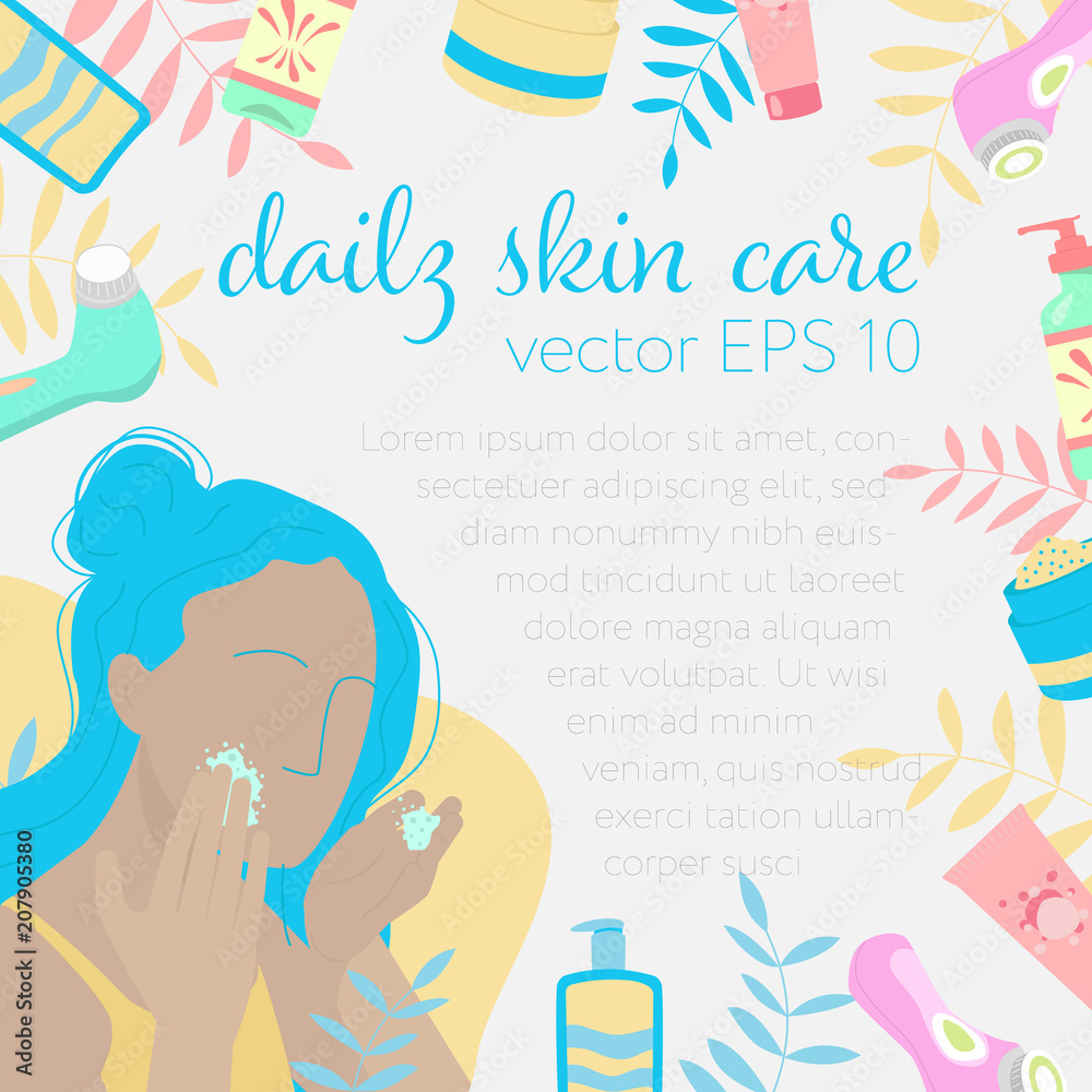 Fototapeta premium Flat vector illustration of a woman. Daily skin care. Skin care products.