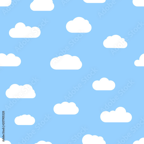 Seamless background with blue sky and white cartoon clouds. Vector illustration.

