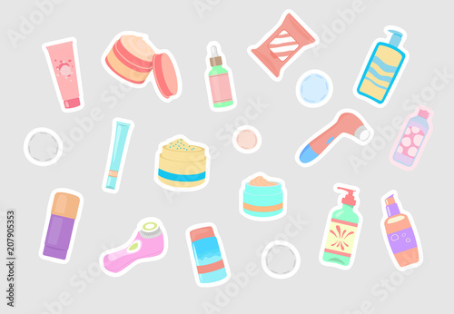 Flat vector illustration of a woman. Daily skin care. Skin care products.