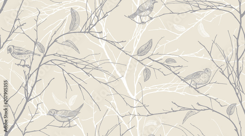Seamless pattern with forest birds and tree branches.
