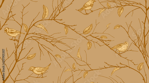 Seamless pattern with forest birds and tree branches.