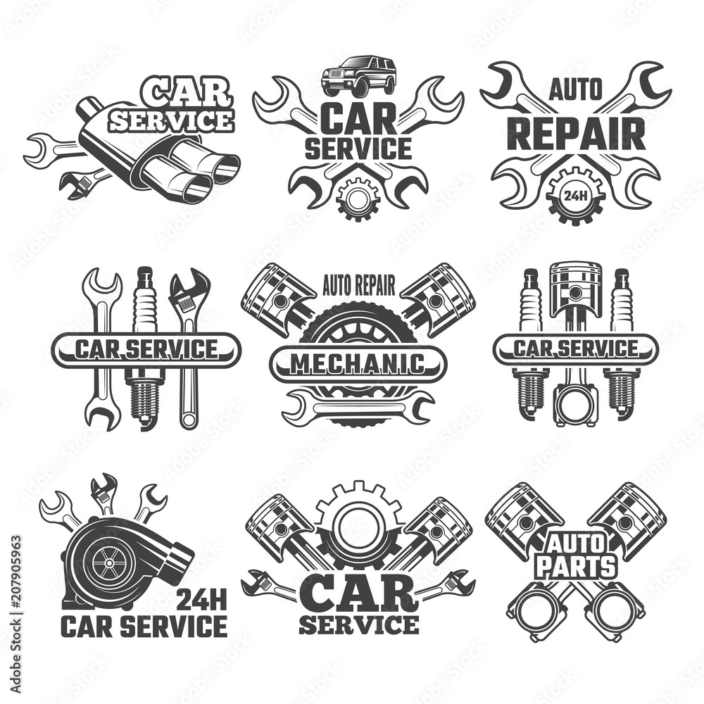 Vintage labels with of automobile tools Stock Vector | Adobe Stock