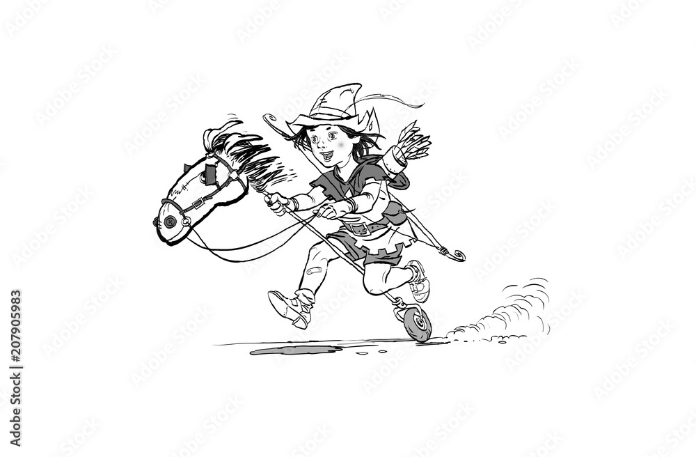 Little Robin Hood riding toy horse. Robin Hood childhood. Child Robin Hood. Medieval legends. Heroes of medieval legends.